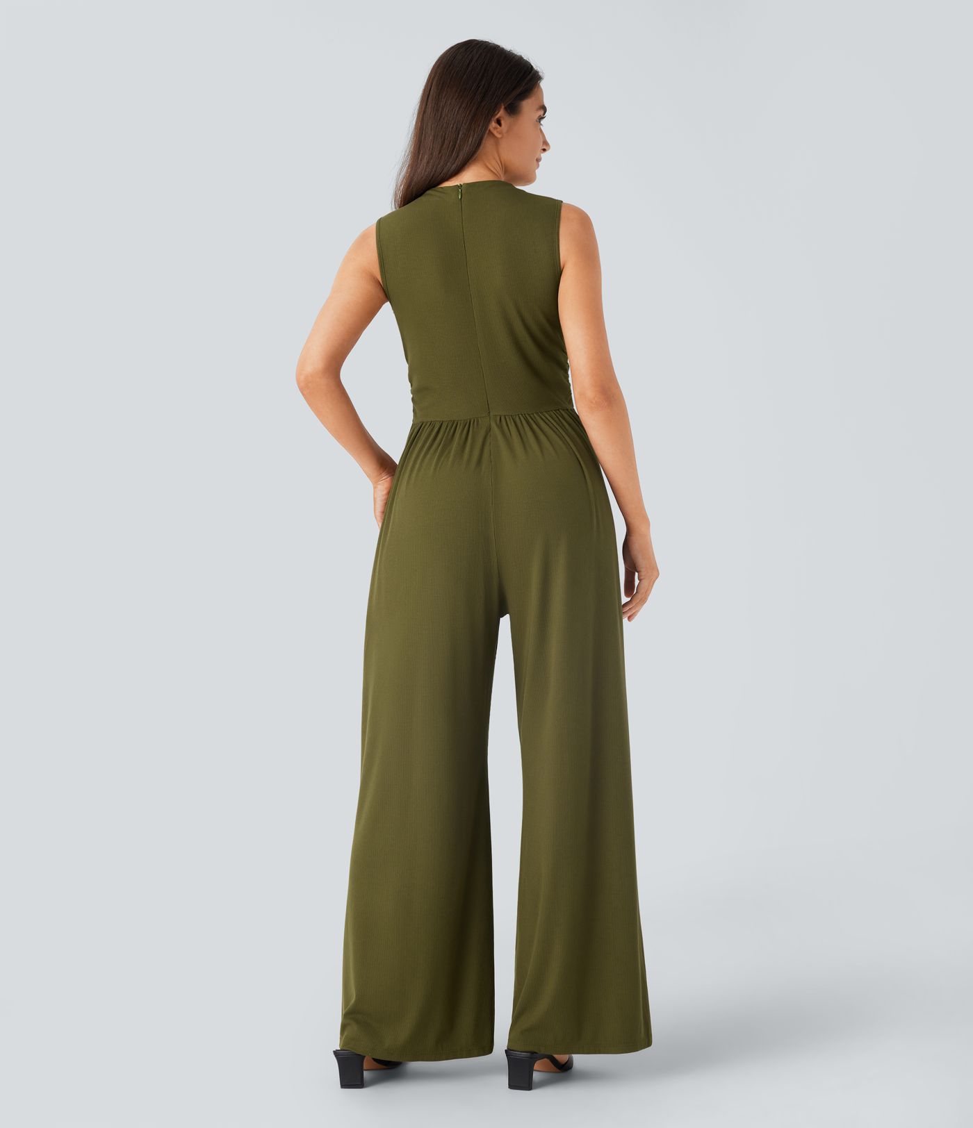 Ribbed knit jumpsuit, sleeveless, invisible back zipper, ruffled side pockets, wide leg, casual overall