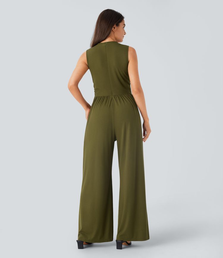 Ribbed knit jumpsuit, sleeveless, invisible back zipper, ruffled side pockets, wide leg, casual overall
