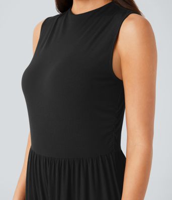 Ribbed Knit Sleeveless Back Ruched Pockets Wide Leg Casual Jumpsuit