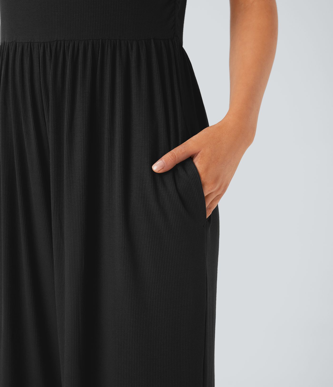 Ribbed Knit Sleeveless Back Ruched Pockets Wide Leg Casual Jumpsuit