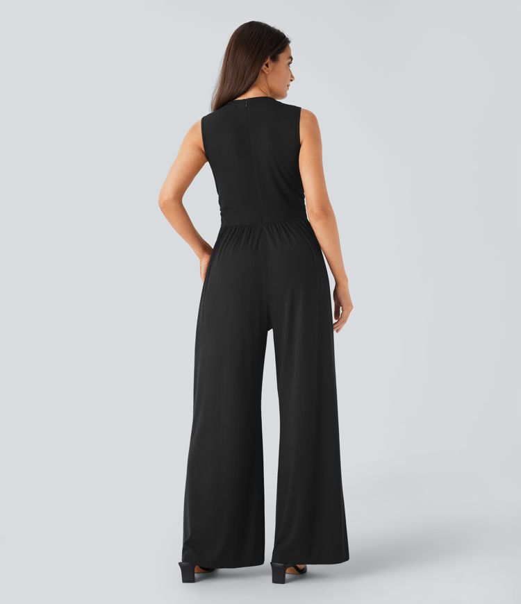Ribbed Knit Sleeveless Back Invisible Zipper Ruched Side Pockets Wide Leg Casual Jumpsuit