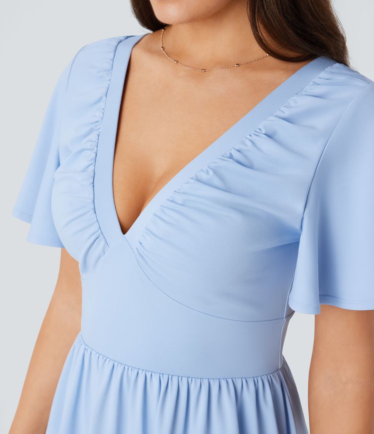 Rückenfreies, kurzärmliges, fließendes Mini-Babydoll-Kleid mit V-Ausschnitt und Bindeband am Rücken