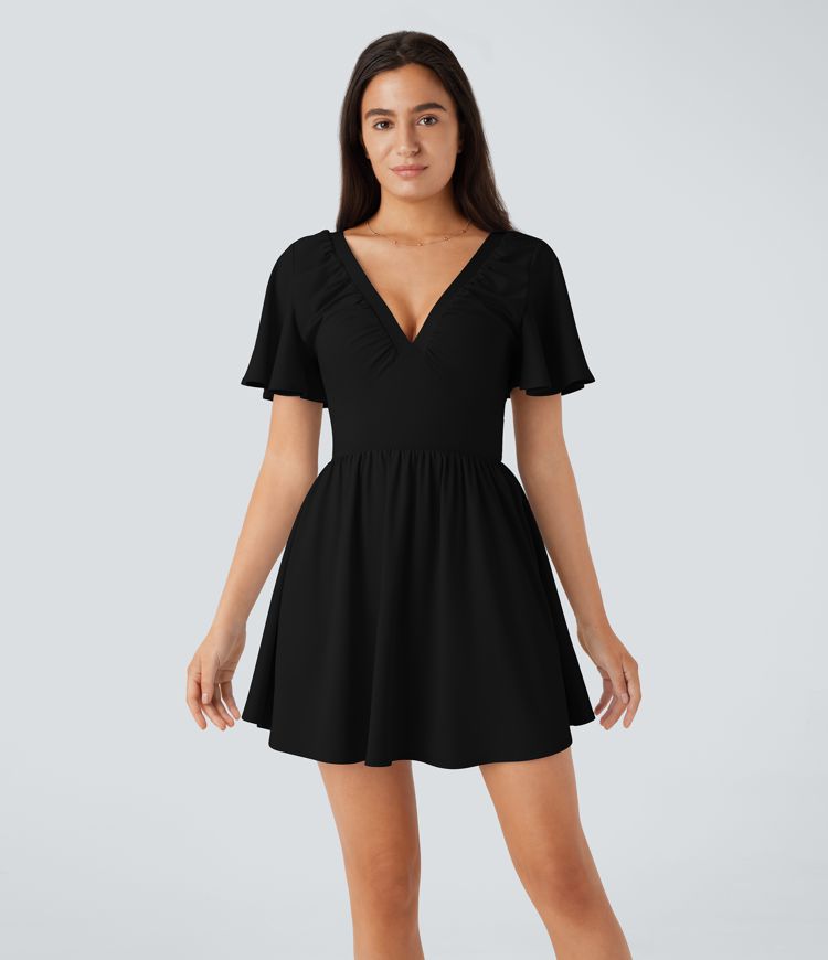 V Neck Backless Tie Back Short Sleeve Flowy Mini Resort Babydoll Dress