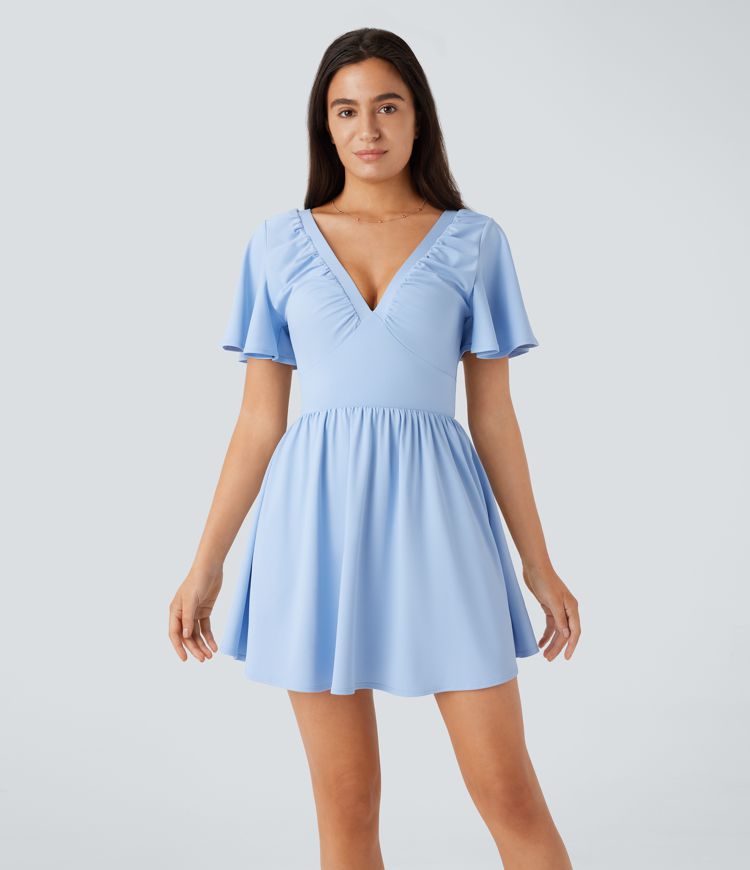 Rückenfreies, kurzärmliges, fließendes Mini-Babydoll-Kleid mit V-Ausschnitt und Bindeband am Rücken