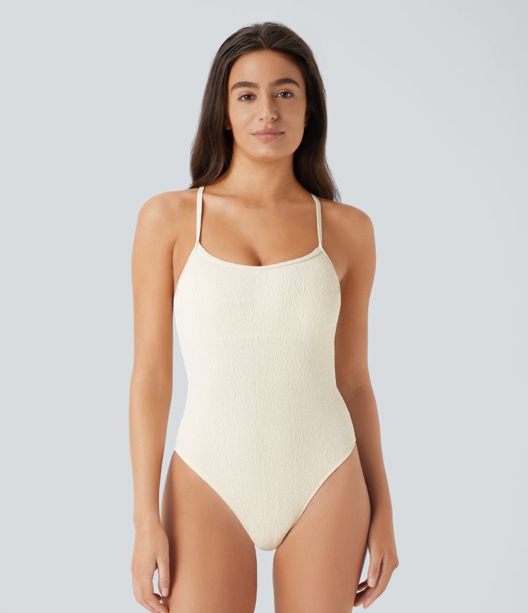 Lace Up Texture One Piece Swimsuit