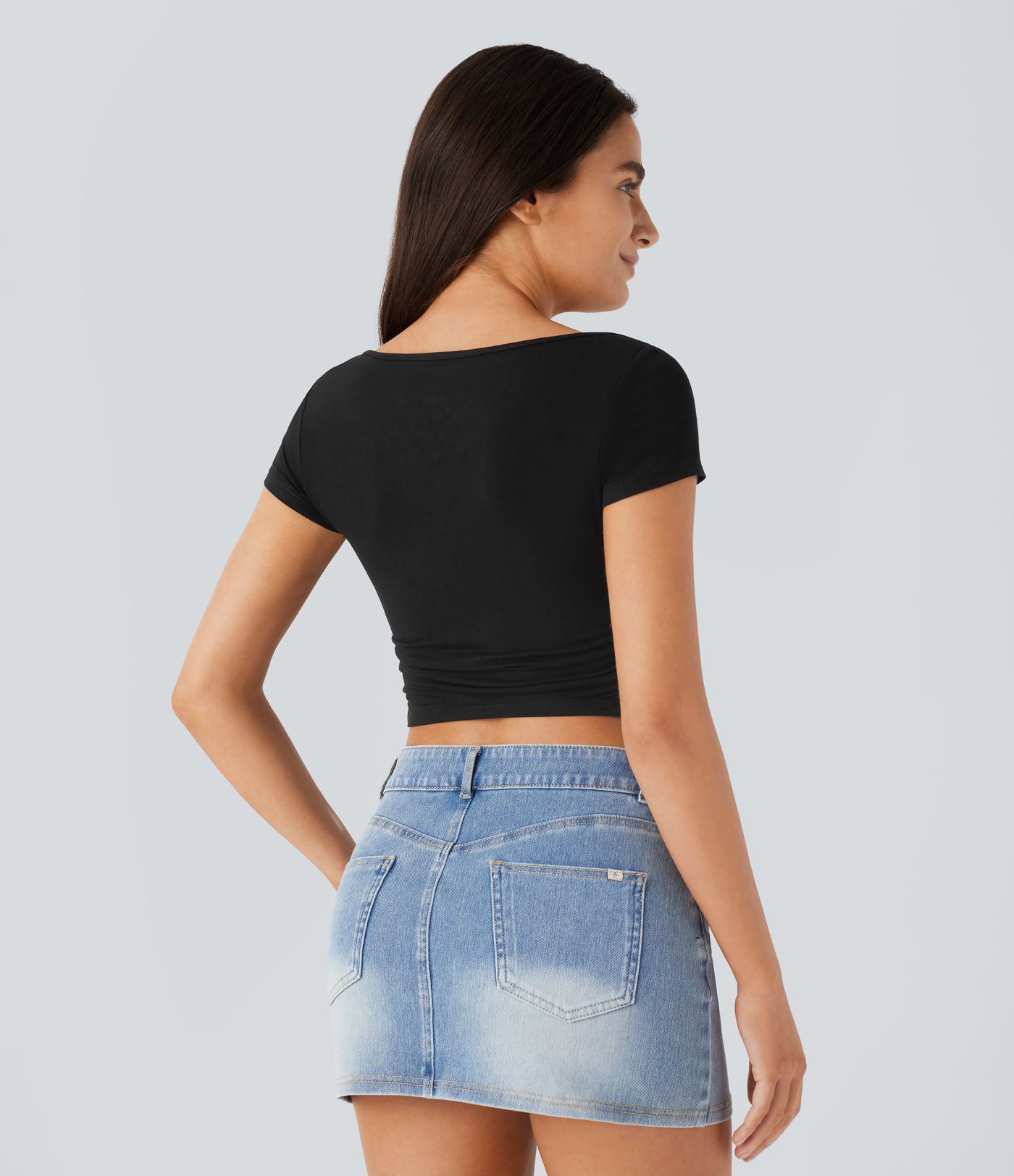 Slash Neck Short Sleeve Ruched Cropped Casual Baby Tee