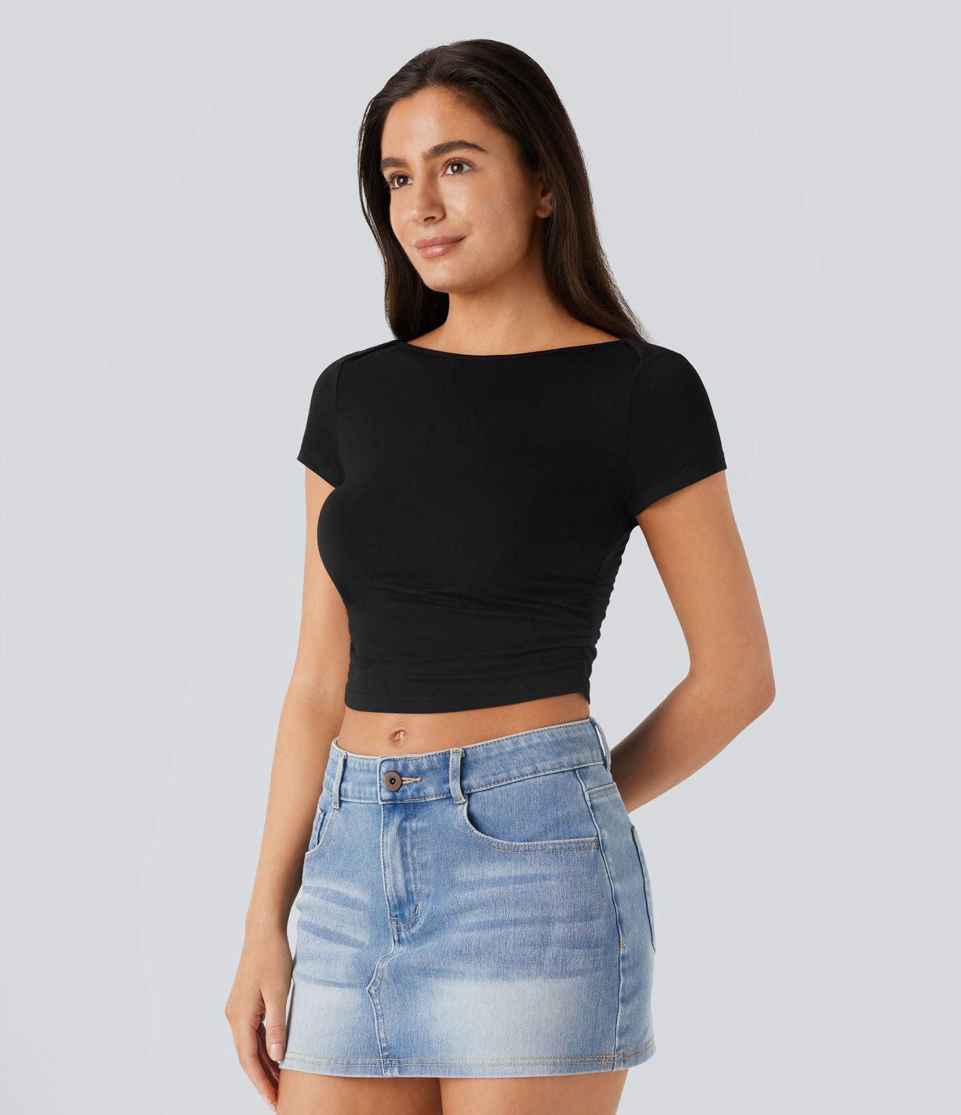 Slash Neck Short Sleeve Ruched Cropped Casual Baby Tee