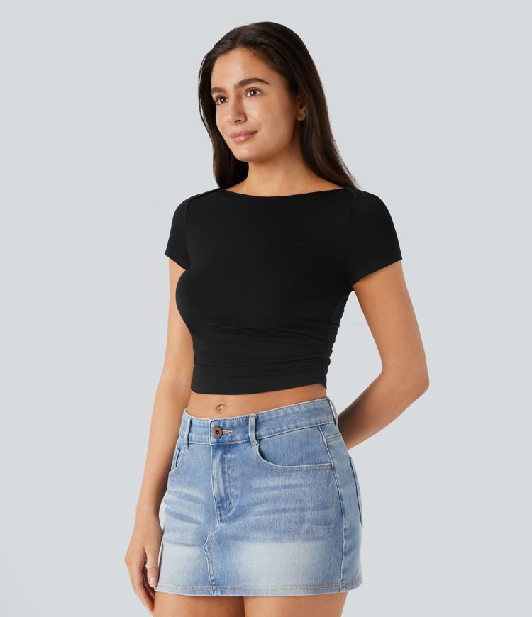 Slash Neck Short Sleeve Ruched Cropped Casual Baby Tee