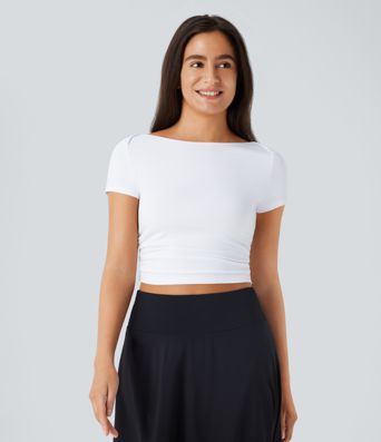 Slash Neck Short Sleeve Ruched Cropped Casual Baby Tee Slash Neck Short Sleeve Ruched Cropped Casual Baby Tee