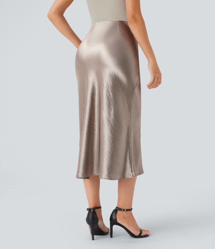 High Waisted Invisible Zipper Satin Midi Work Mermaid Skirt