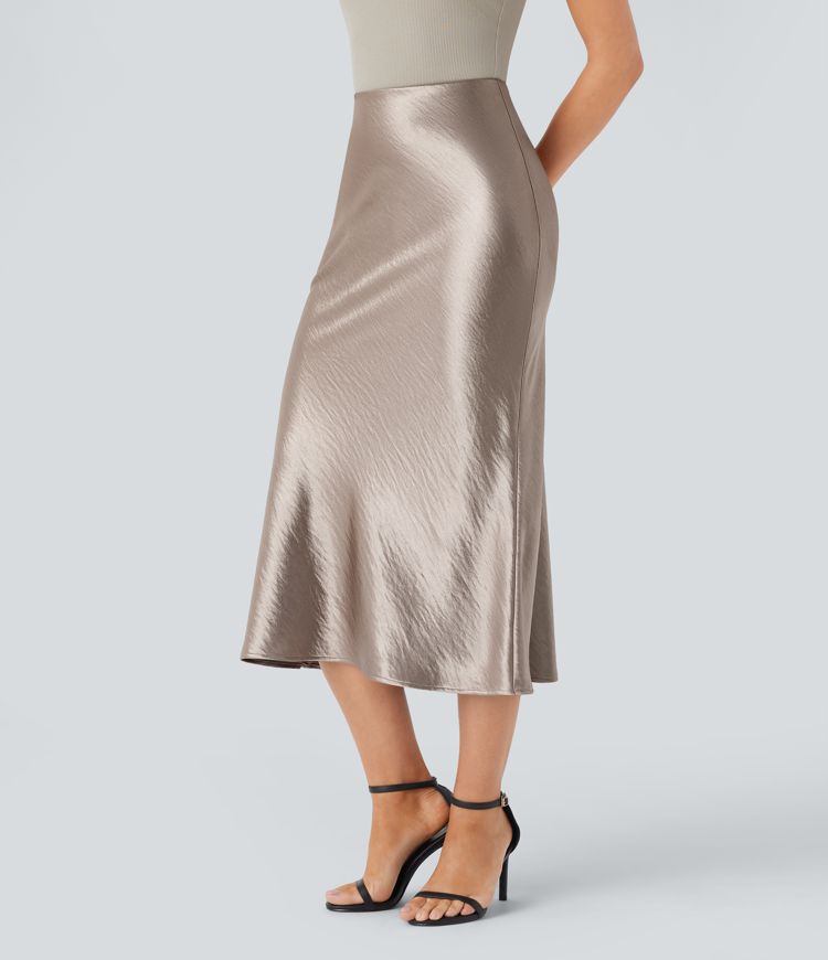 High Waisted Invisible Zipper Satin Midi Work Mermaid Skirt