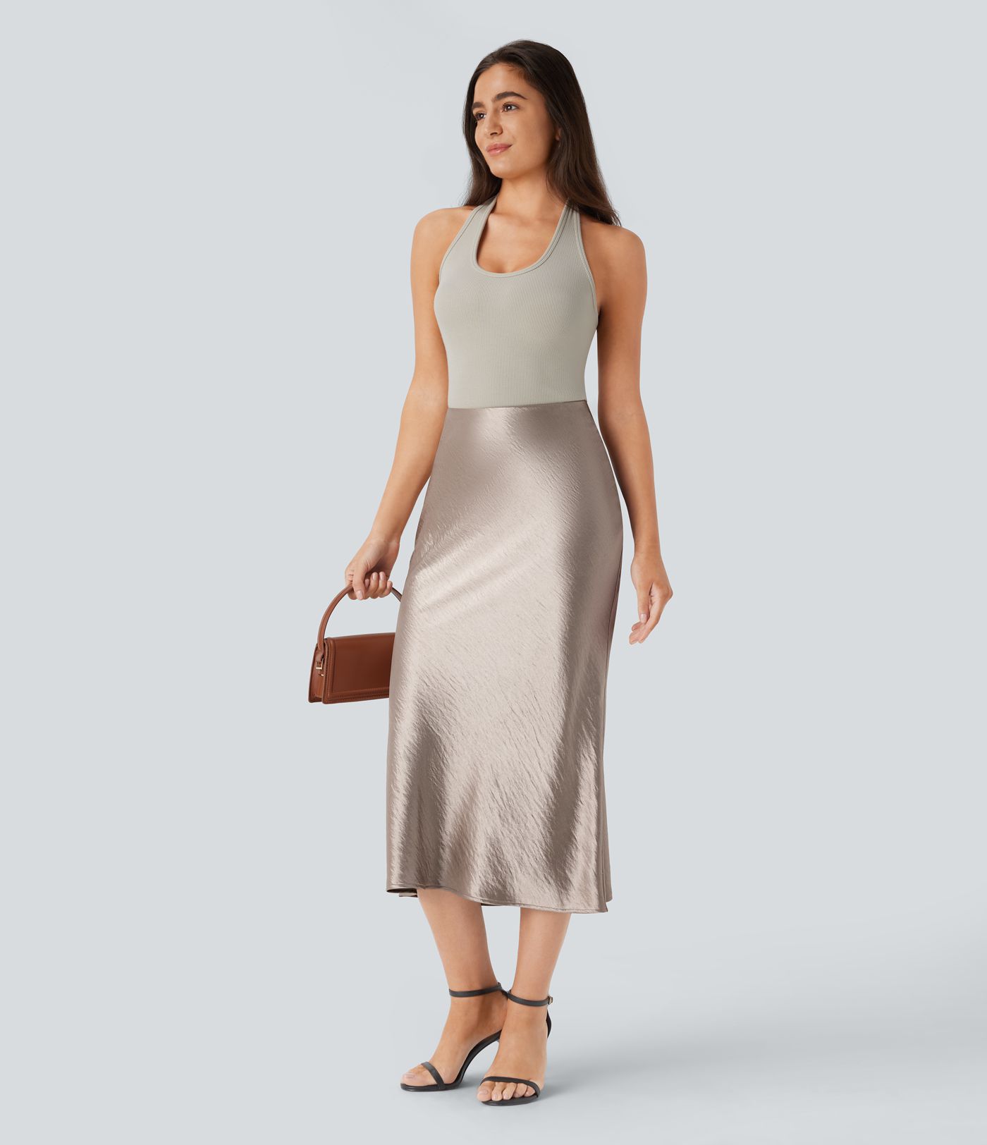 Falda sirena oficina satén cremallera invisible tiro alto