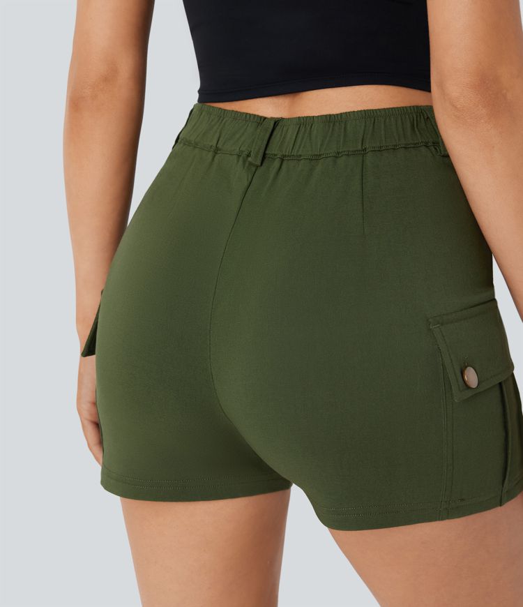 High Waisted Zipper Side Flap Pocket Casual Cargo Shorts