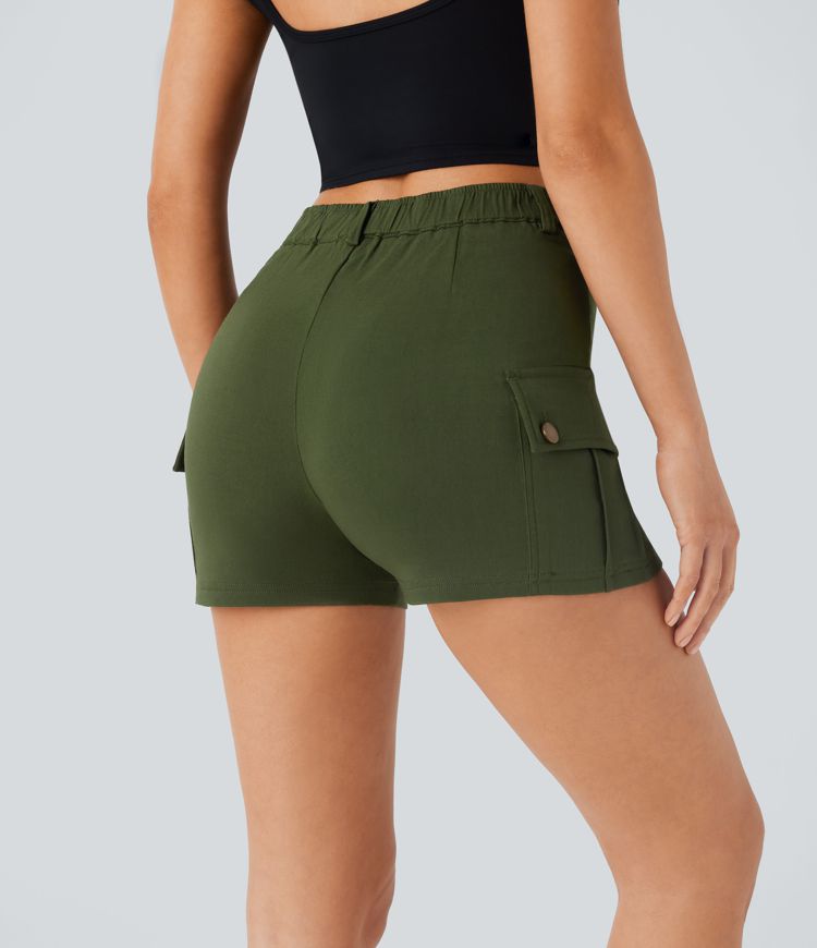 High Waisted Zipper Side Flap Pocket Casual Cargo Shorts