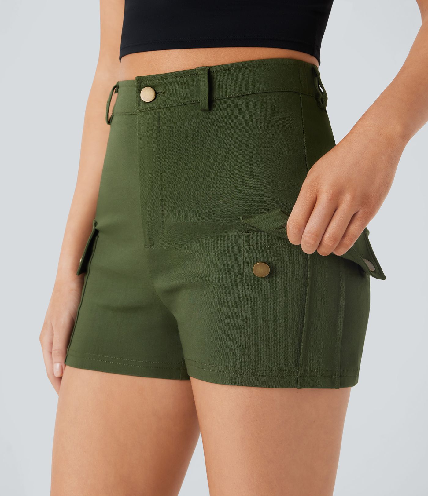 High Waisted Zipper Side Flap Pocket Casual Cargo Shorts