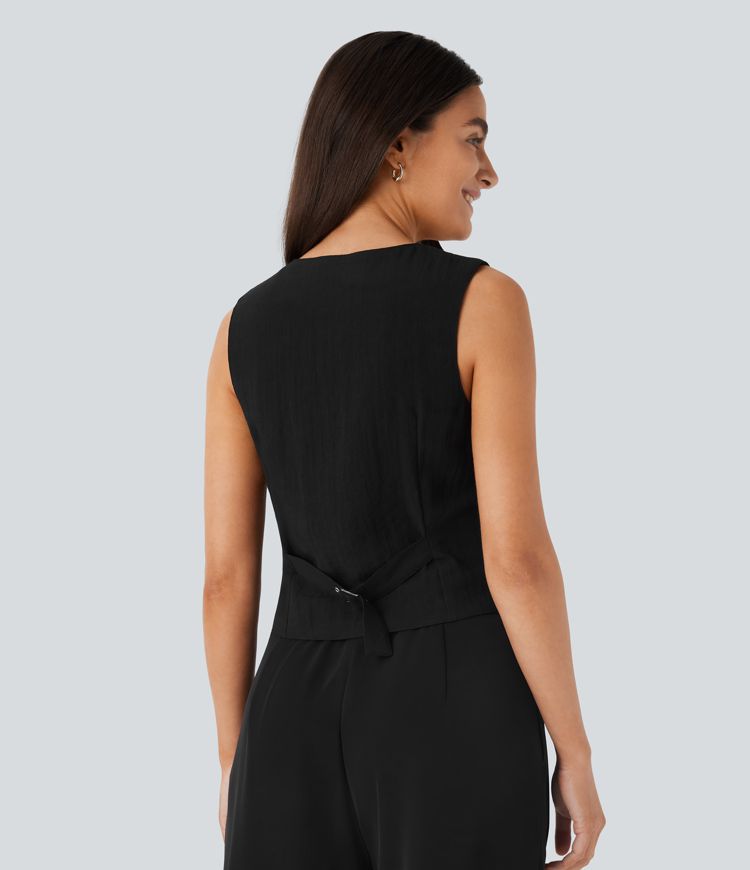 V Neck Front Adjustable Buckle Work Linen-Feel Vest