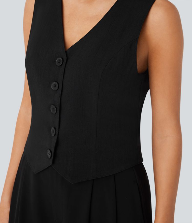 V Neck Front Adjustable Buckle Work Linen-Feel Vest