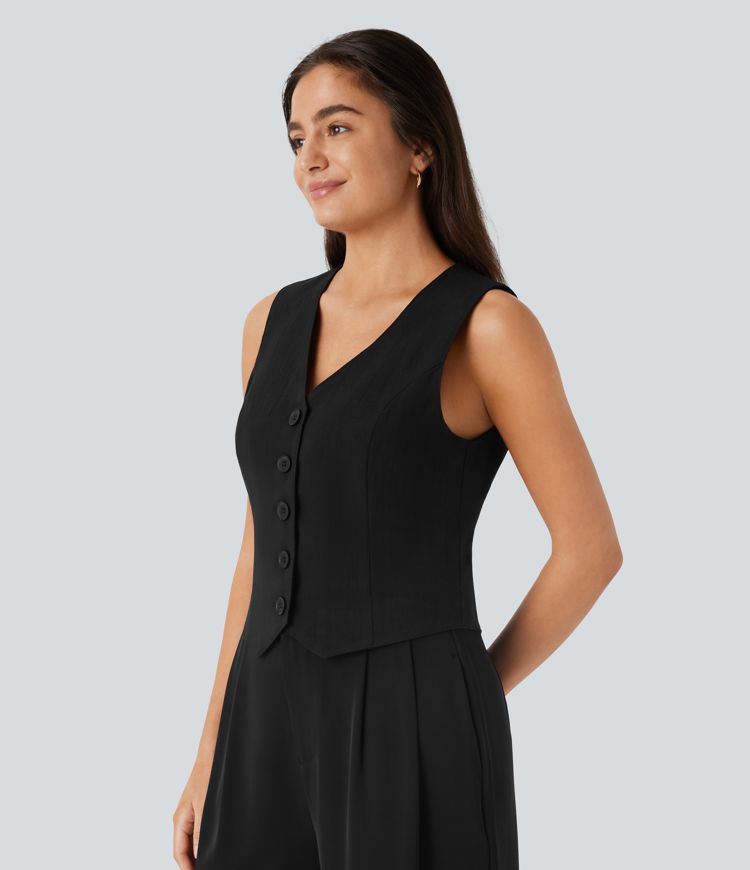 V Neck Front Adjustable Buckle Work Linen-Feel Vest