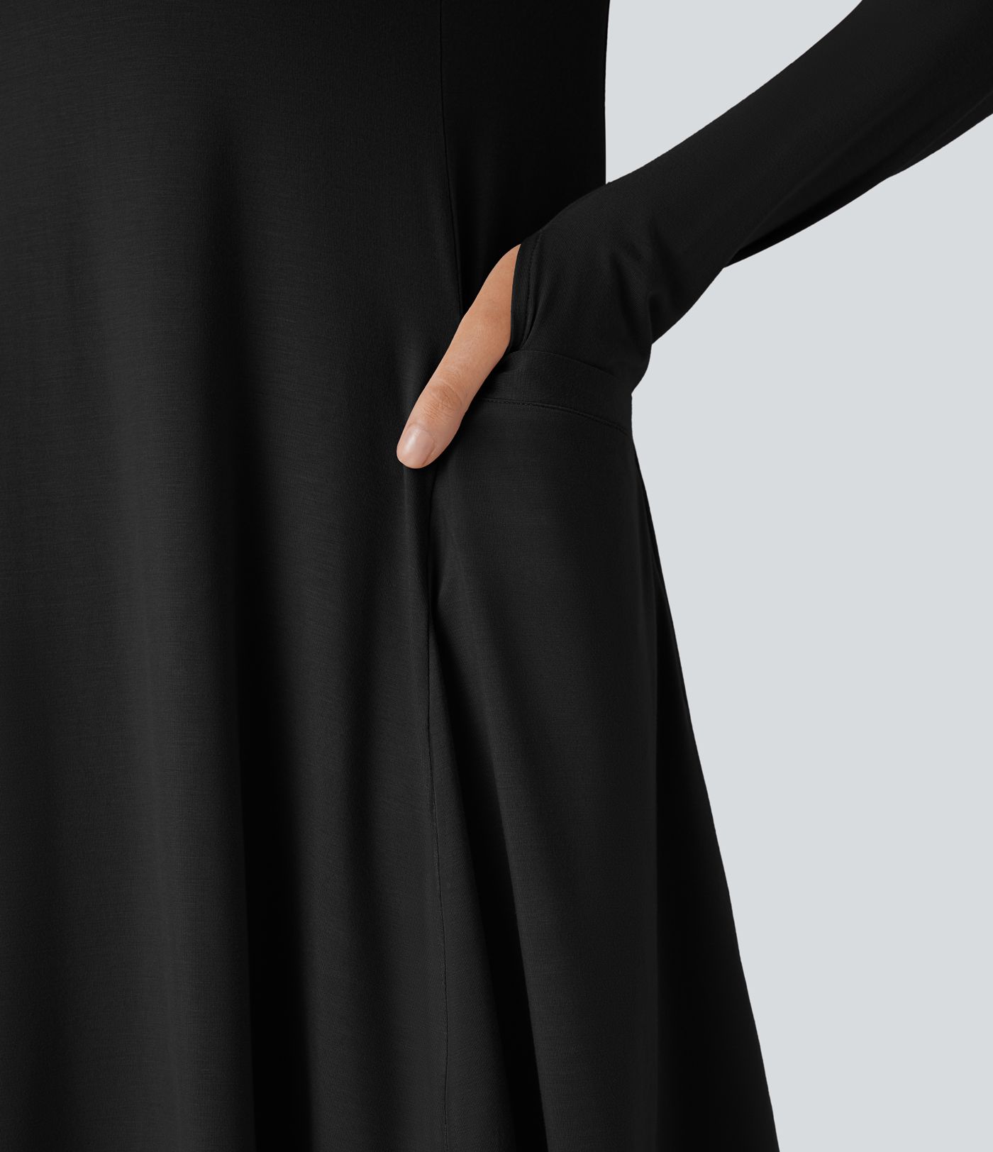 Round Neck Long Sleeve Thumb Hole Pocket Draped Mini Casual Dress