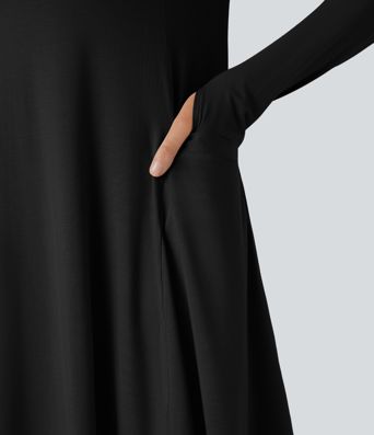 Round Neck Long Sleeve Thumb Hole Pocket Draped Mini Casual Dress