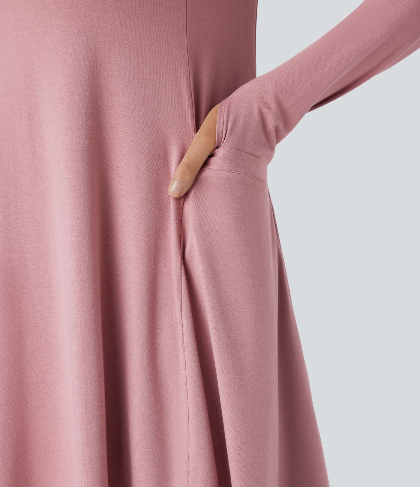 Round Neck Long Sleeve Thumb Hole Pocket Draped Mini Casual Dress