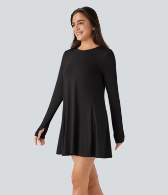 Round Neck Long Sleeve Thumb Hole Pocket Draped Mini Casual Dress