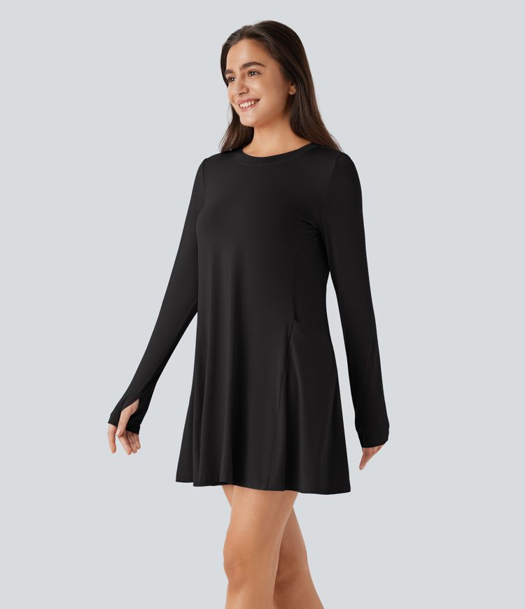 Round Neck Long Sleeve Thumb Hole Pocket Draped Mini Casual Dress