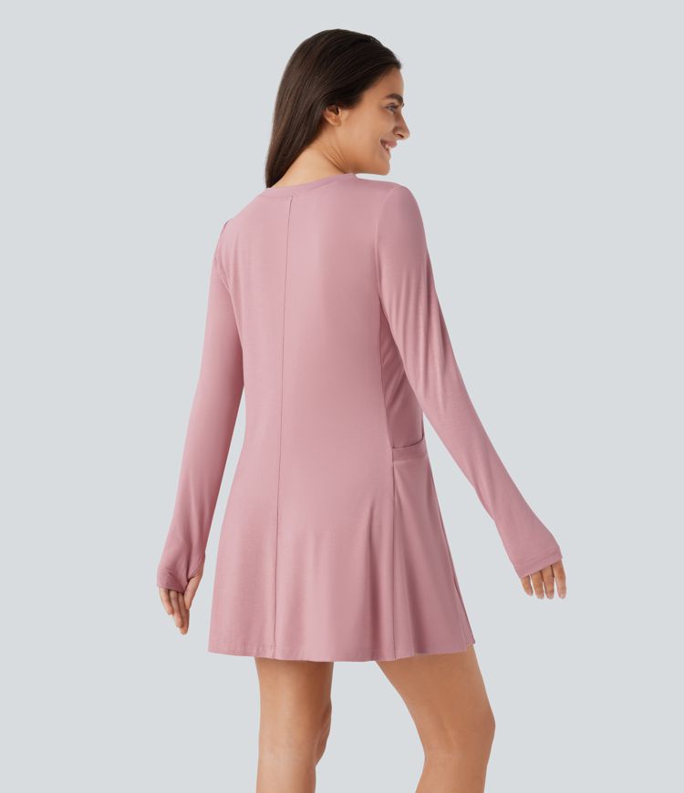 Round Neck Long Sleeve Thumb Hole Side Pocket Draped Mini Casual Dress