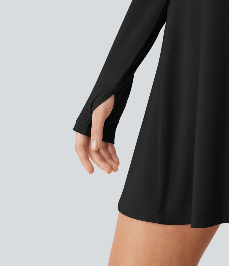 Round Neck Long Sleeve Thumb Hole Pocket Draped Mini Casual Dress