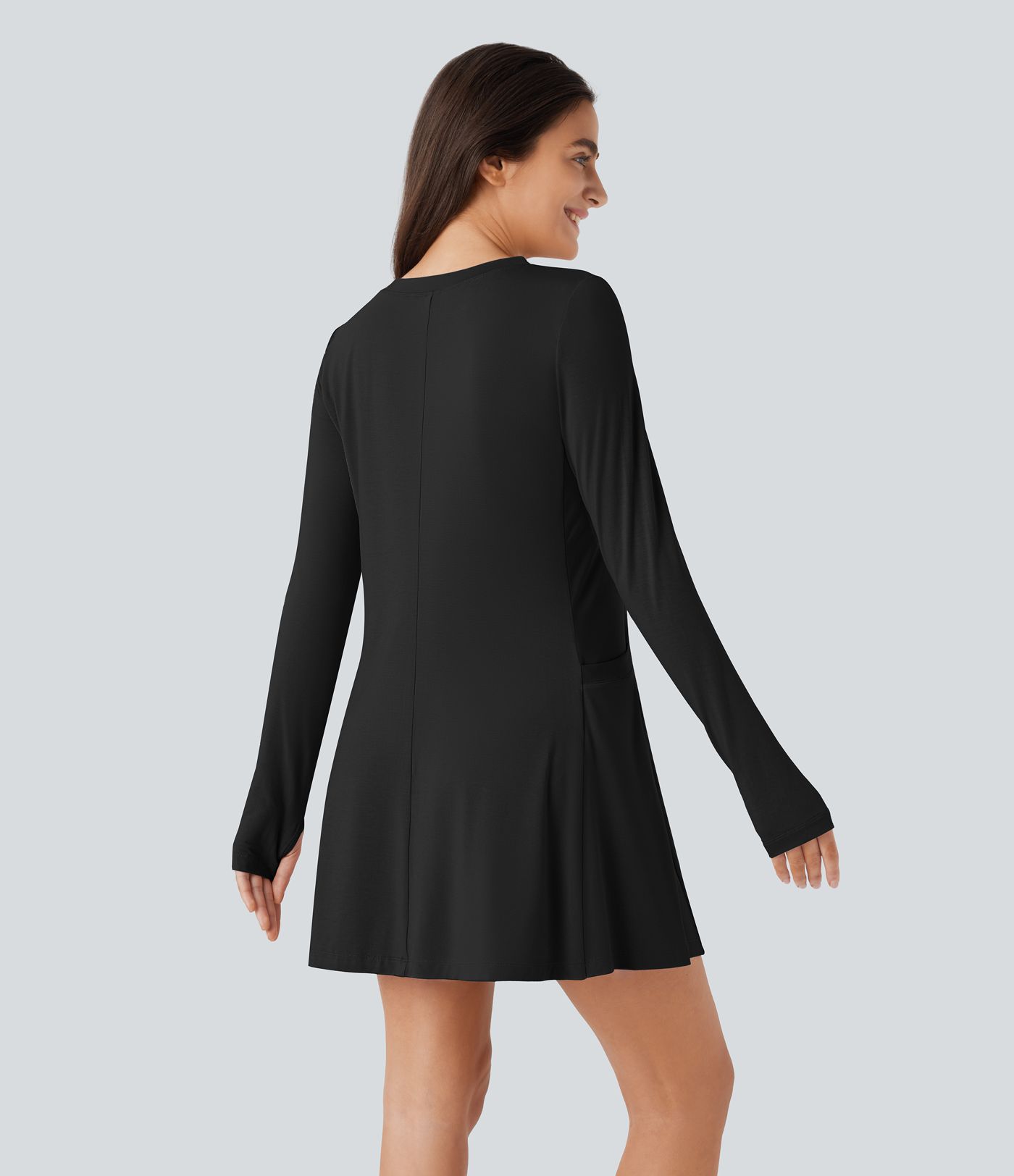 Round Neck Long Sleeve Thumb Hole Pocket Draped Mini Casual Dress