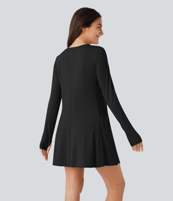 Round Neck Long Sleeve Thumb Hole Pocket Draped Mini Casual Dress