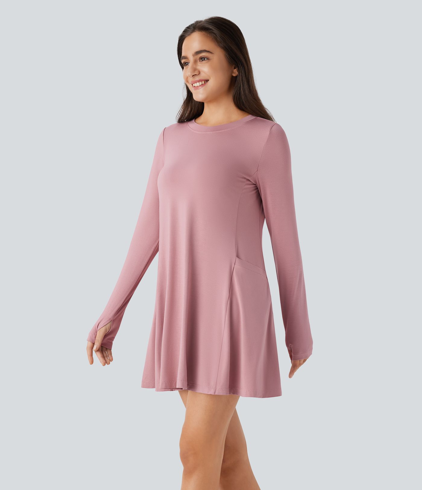 Round Neck Long Sleeve Thumb Hole Pocket Draped Mini Casual Dress