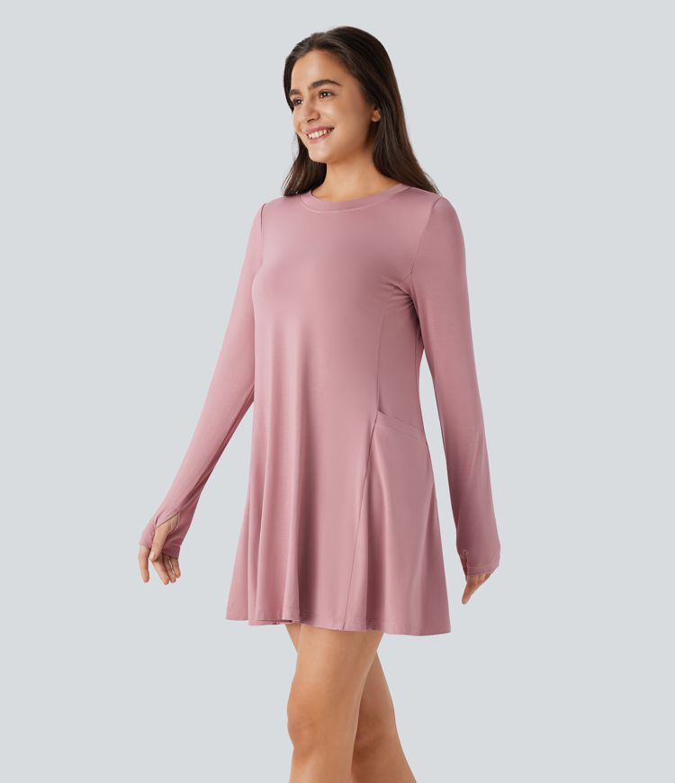 Round Neck Long Sleeve Thumb Hole Side Pocket Draped Mini Casual Dress