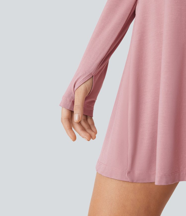 Round Neck Long Sleeve Thumb Hole Pocket Draped Mini Casual Dress