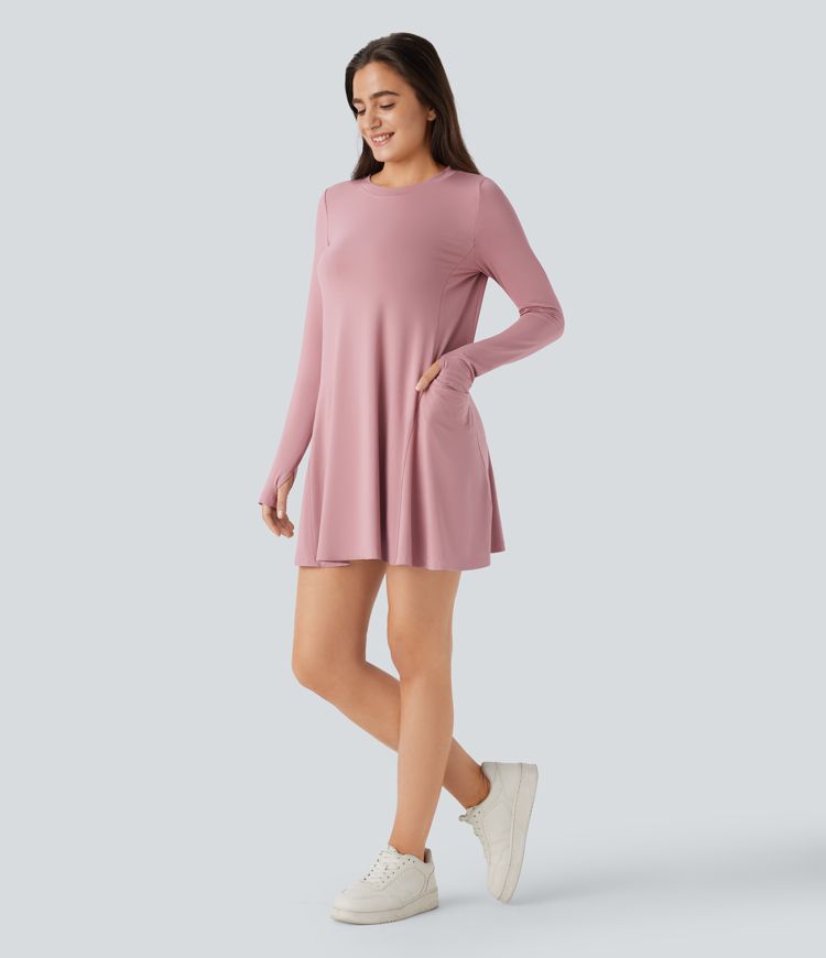 Round Neck Long Sleeve Thumb Hole Pocket Draped Mini Casual Dress