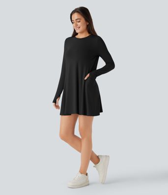 Round Neck Long Sleeve Thumb Hole Pocket Draped Mini Casual Dress