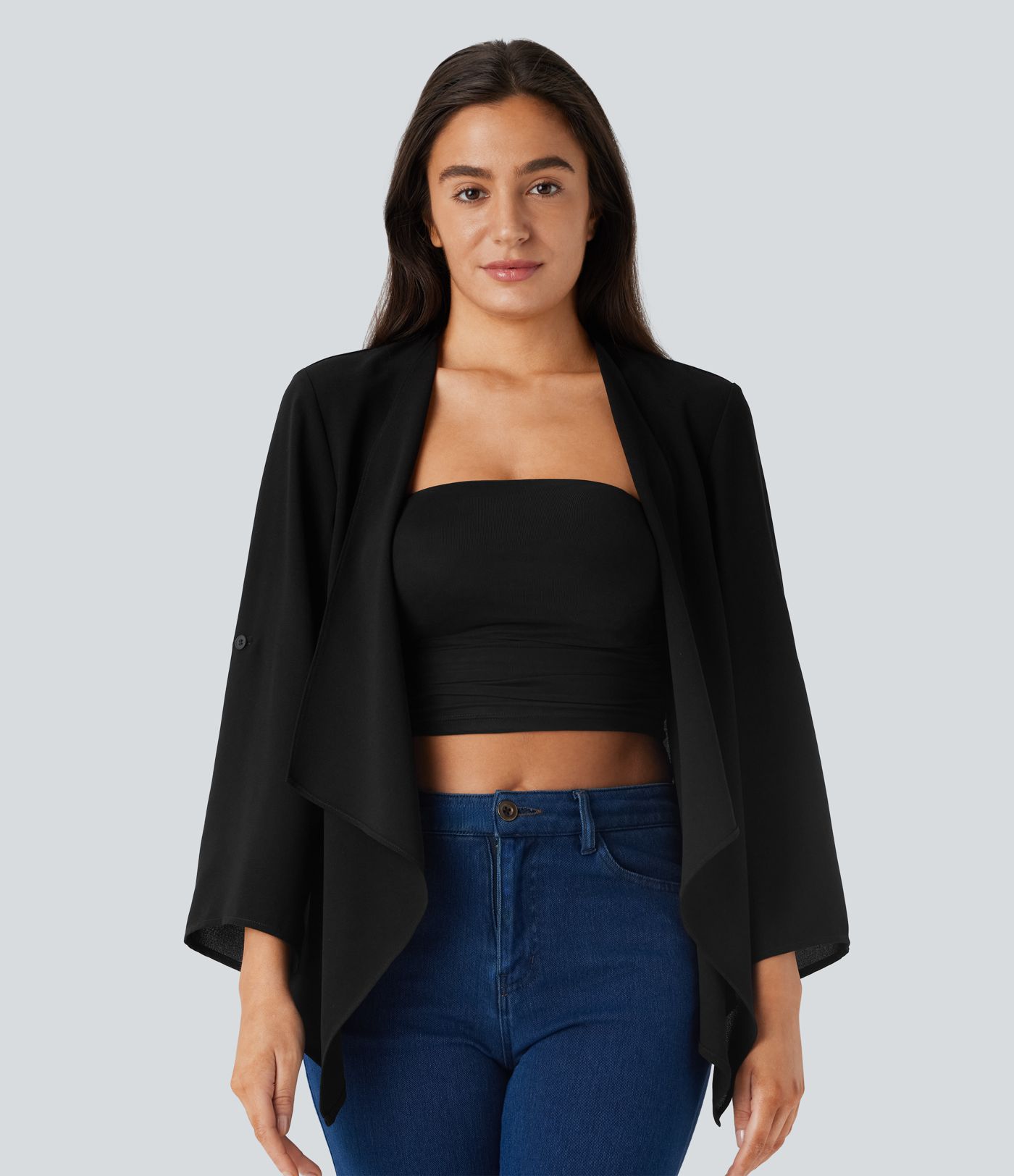 Brīvā laika jaka ar uzritināmu piedurknēm ūdenskrituma stilā