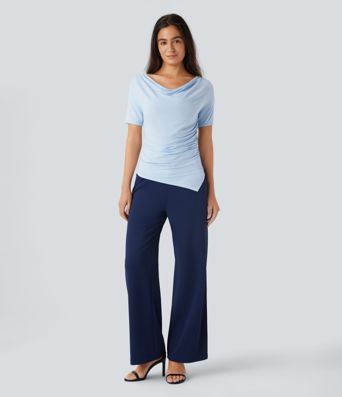 Cowl Neck Short Sleeve Ruched Asymmetric Hem Work Top