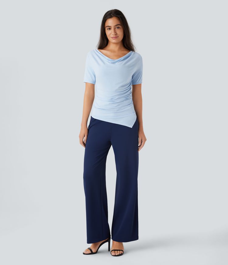 Cowl Neck Short Sleeve Ruched Asymmetric Hem Work Top