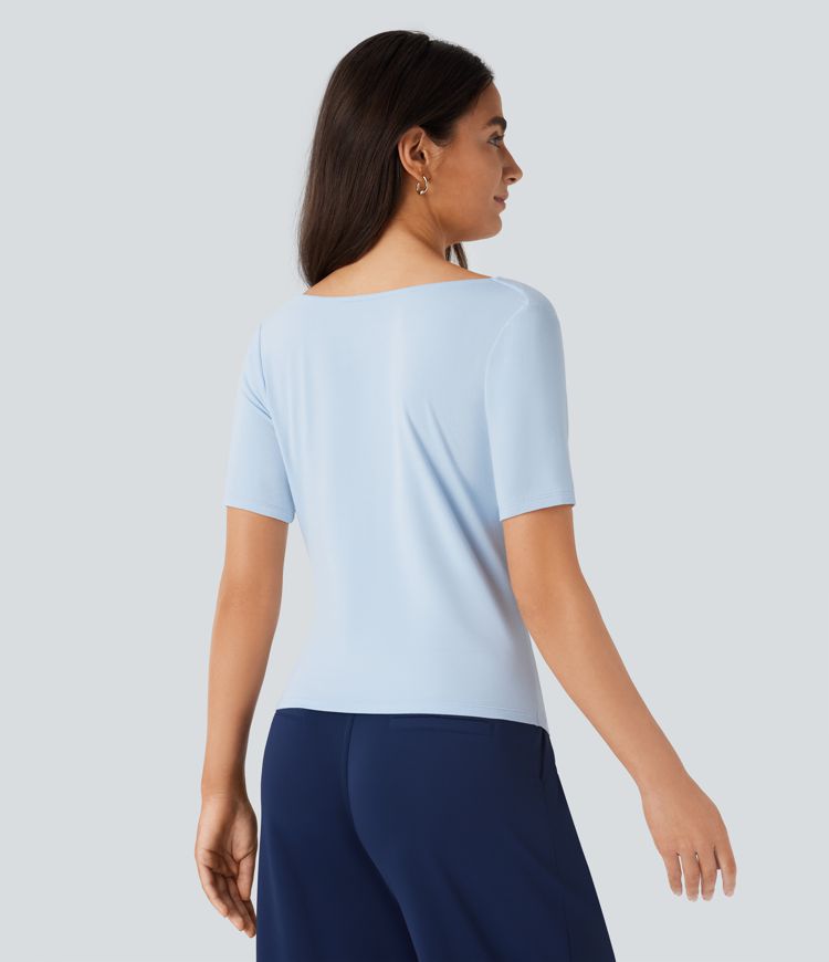 Cowl Neck Short Sleeve Ruched Asymmetric Hem Work Top