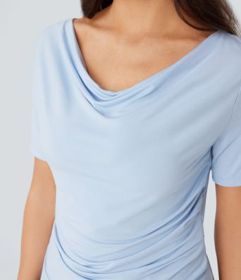 Cowl Neck Short Sleeve Ruched Asymmetric Hem Work Top