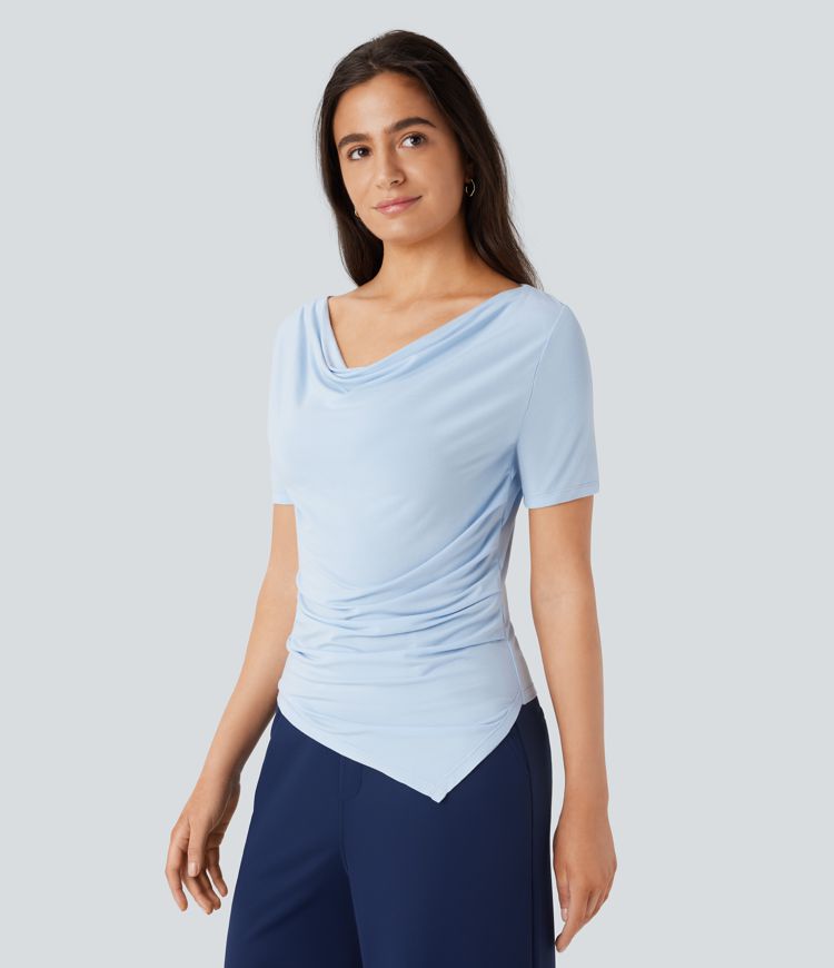 Cowl Neck Short Sleeve Ruched Asymmetric Hem Work Top