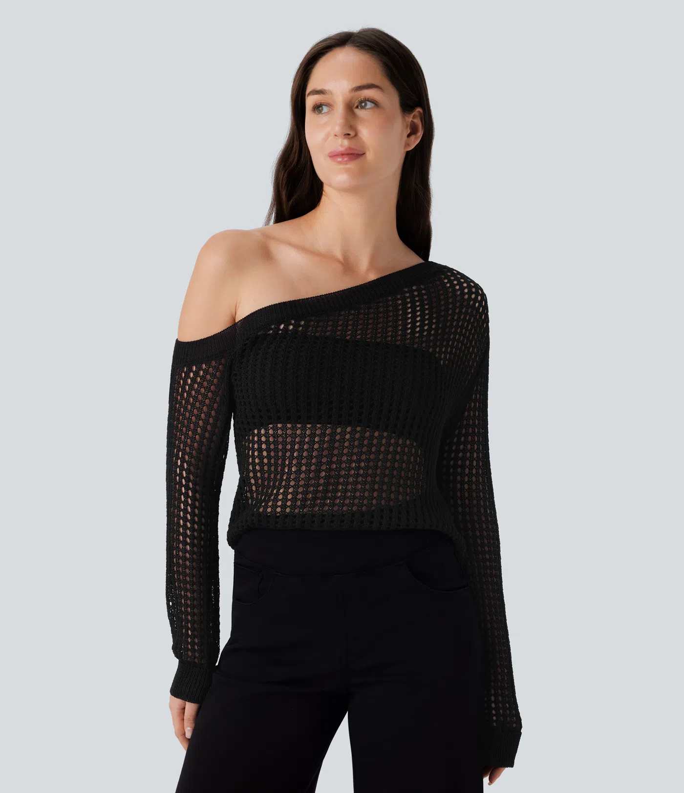 One Shoulder Long Sleeve Cut Out Casual Linen-Feel Sweater