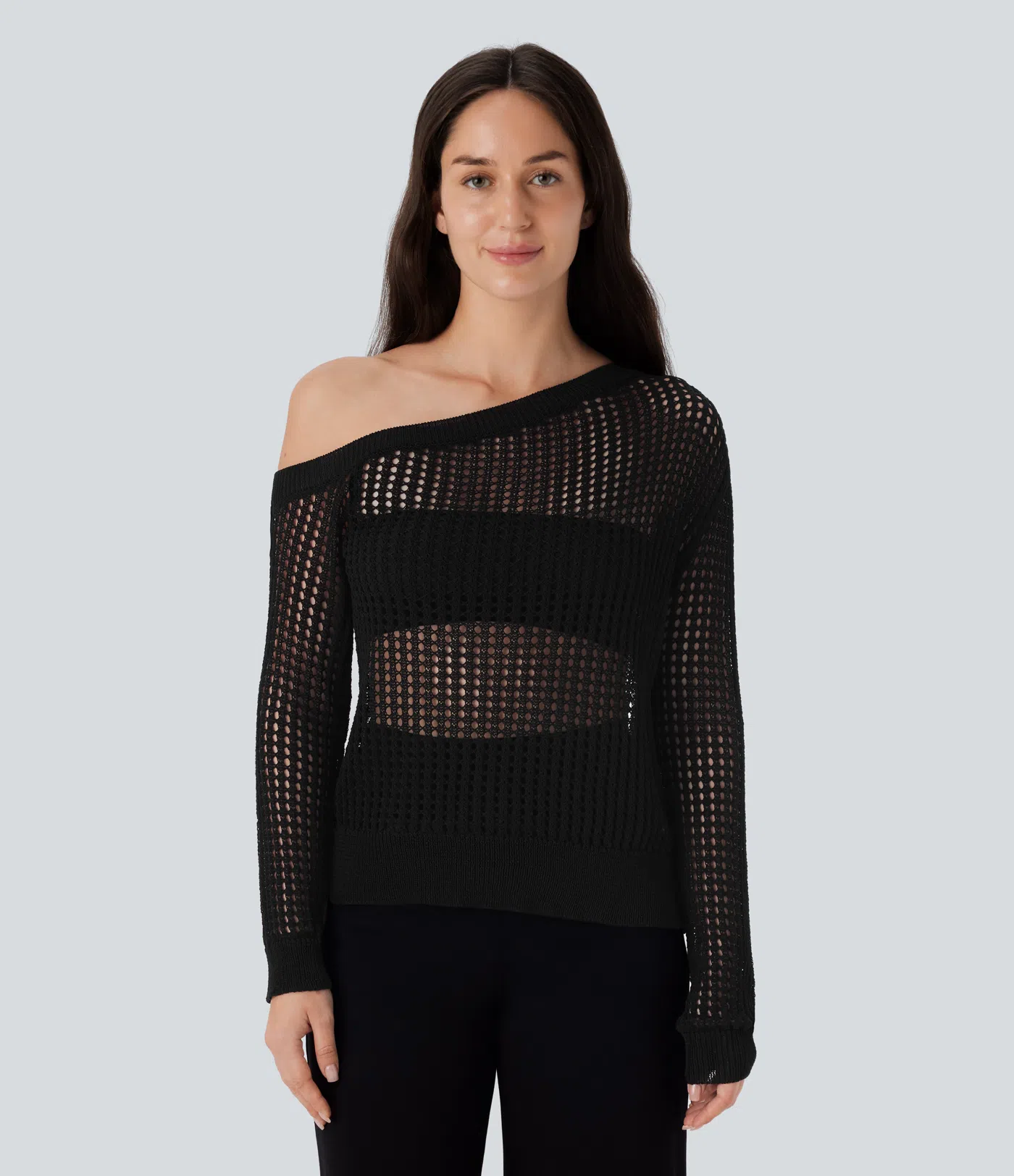 One Shoulder Long Sleeve Cut Out Casual Linen-Feel Sweater