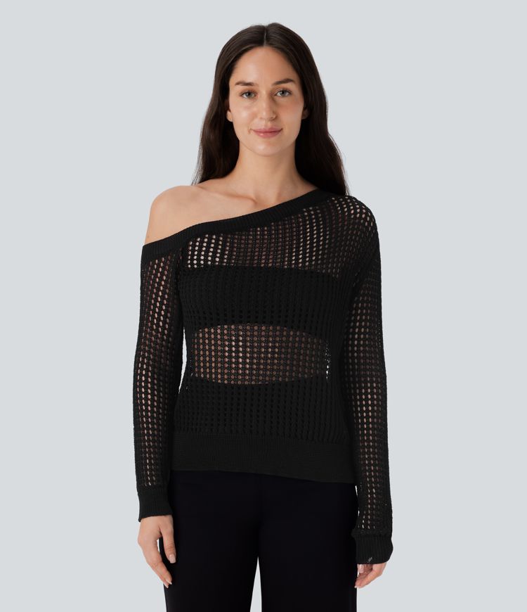 One Shoulder Long Sleeve Cut Out Casual Linen-Feel Sweater