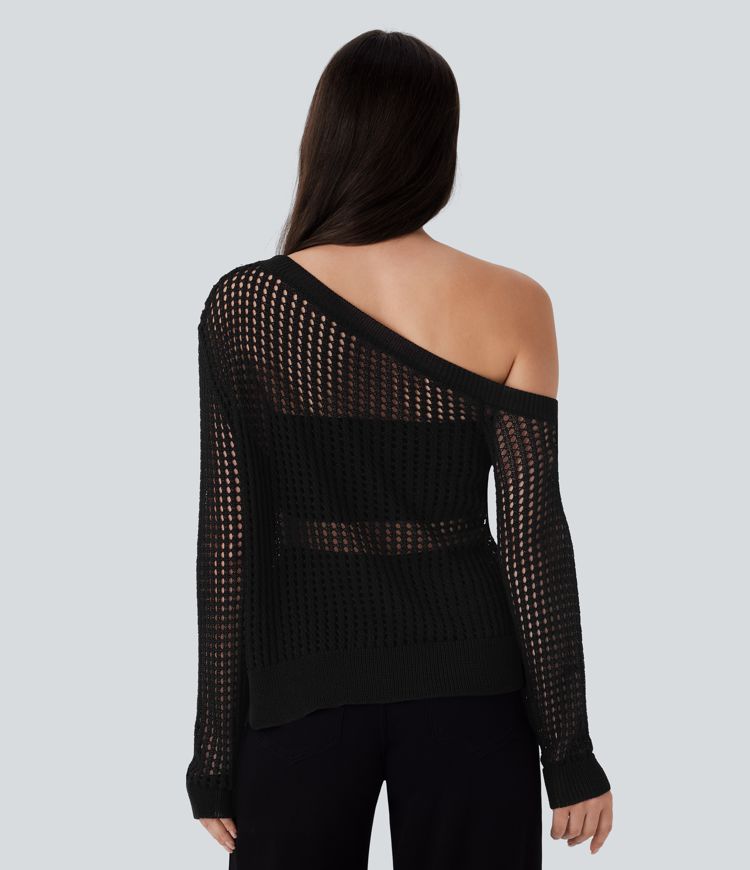 One Shoulder Long Sleeve Cut Out Casual Linen-Feel Sweater