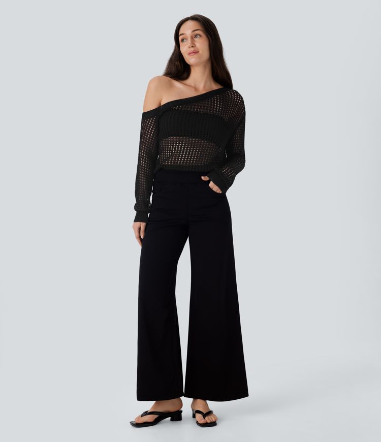 One Shoulder Long Sleeve Cut Out Casual Linen-Feel Sweater