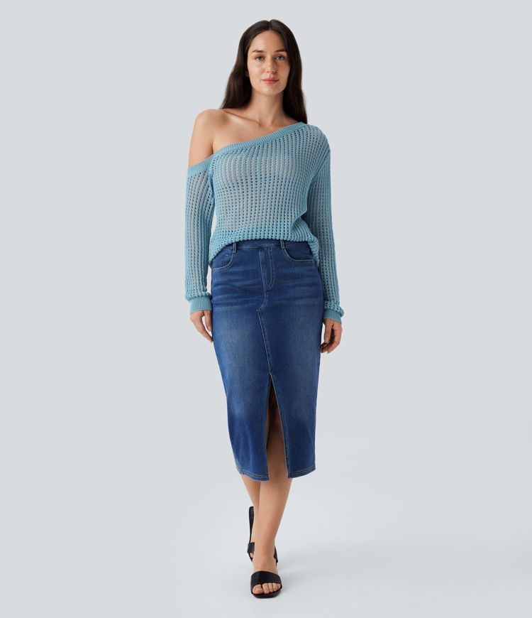 One Shoulder Long Sleeve Cut Out Casual Linen-Feel Jumper