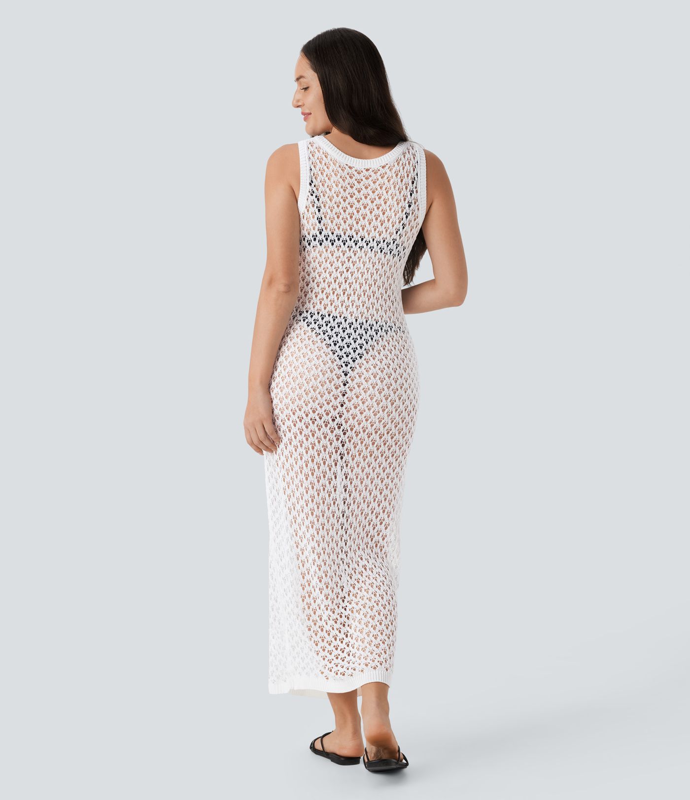 Round Neck Sleeveless Midi Hollow Out Linen-Feel Cover Up Dress