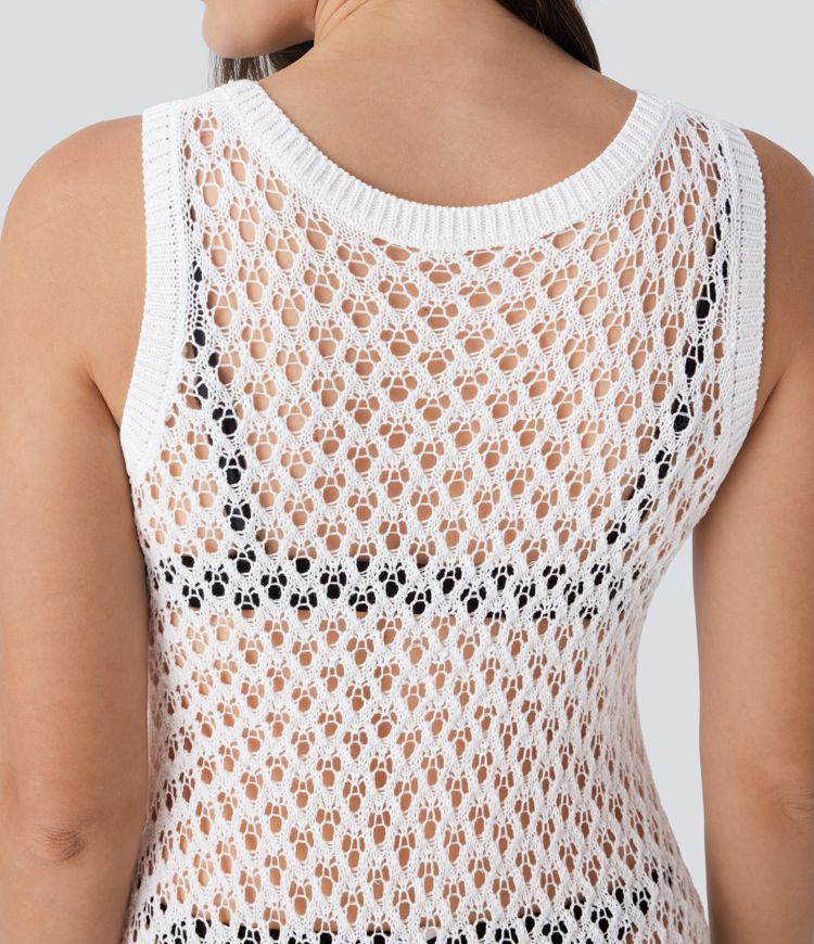 Round Neck Sleeveless Midi Hollow Out Linen-Feel Cover Up Dress